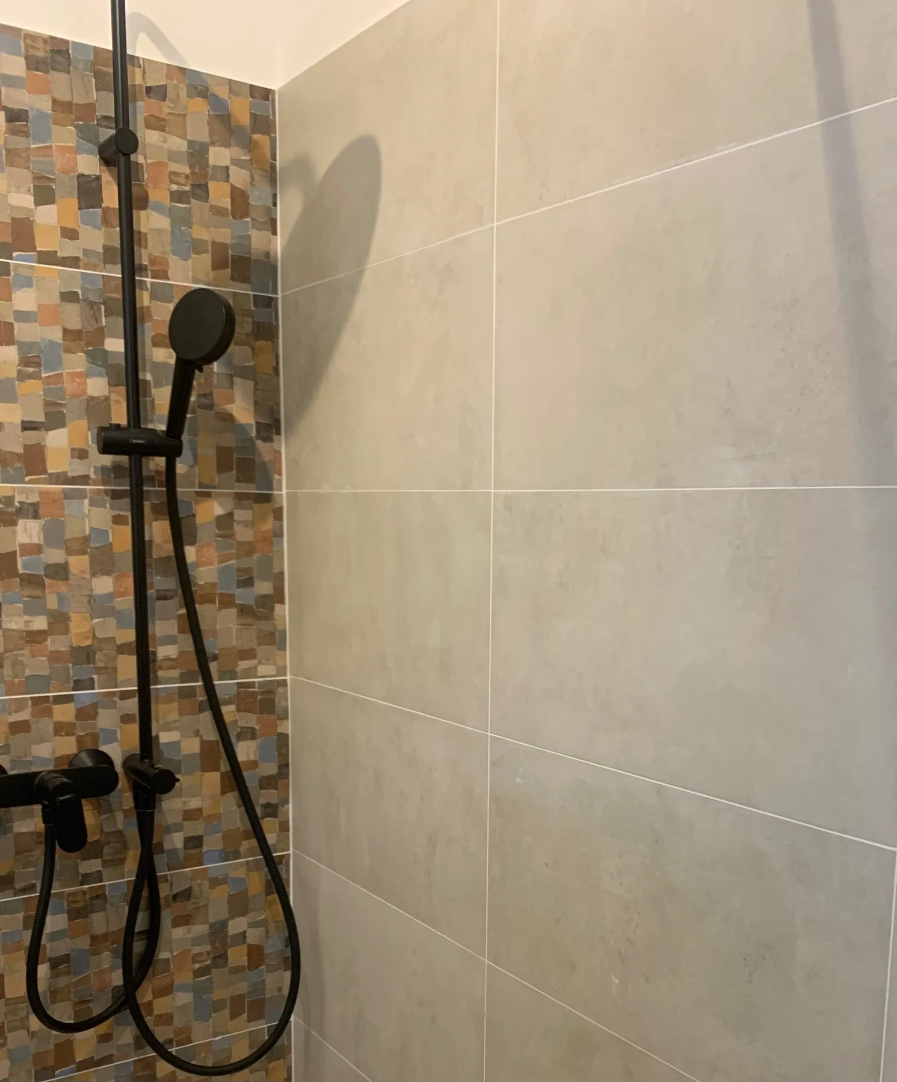 Carrelage grand format et bande de mosaïque posés dans une douche